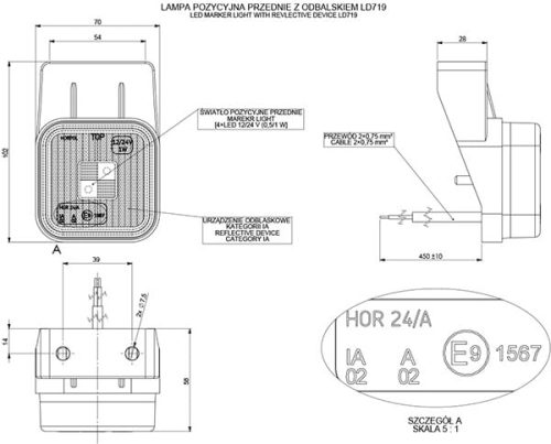 Lampa obrysowa kwadratowa z odblaskiem LD719