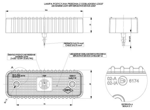 Lampa obrysowa biała z podkładką gumową ryflowaną